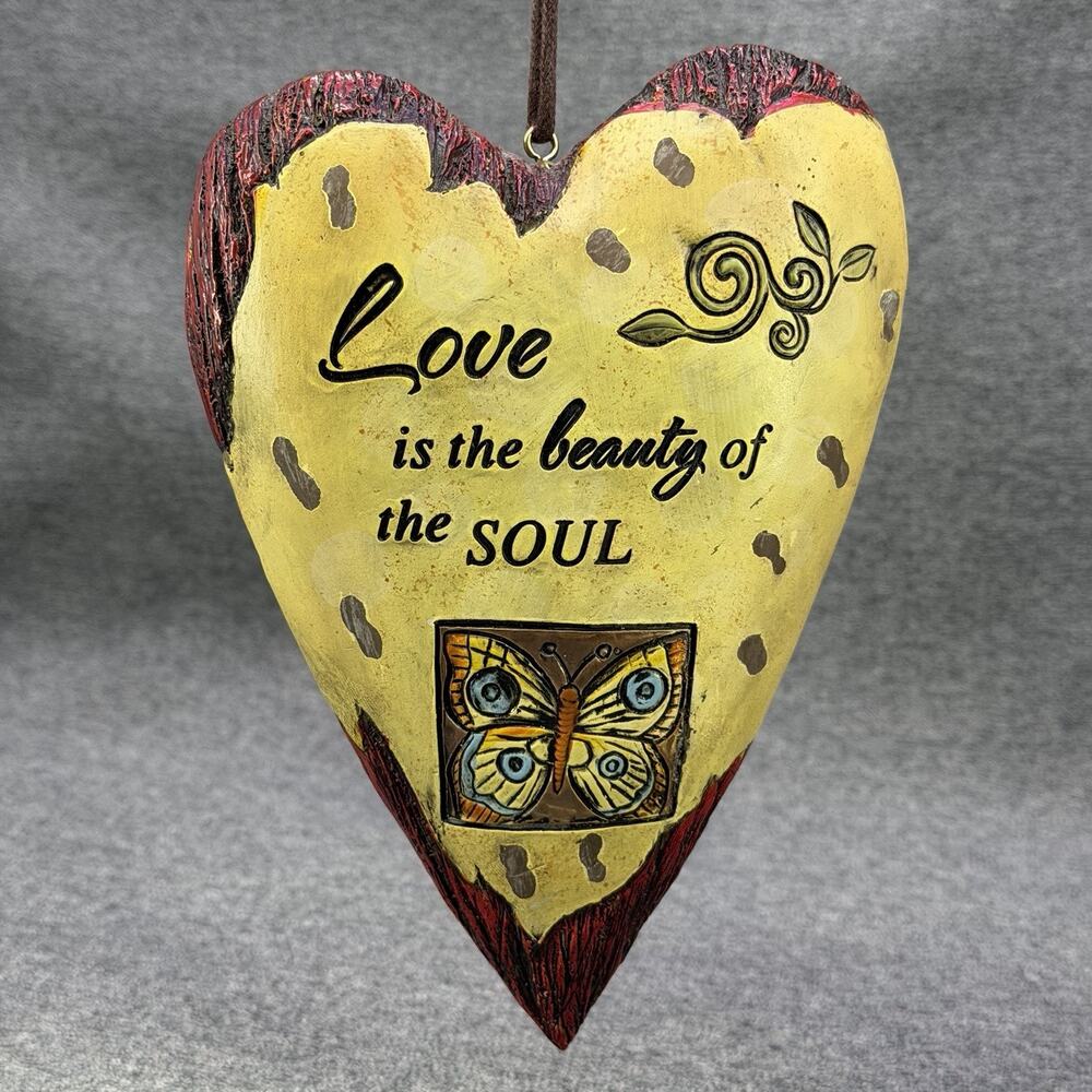 Hanging Heart Sign LOVE IS THE BEAUTY OF THE SOUL Butterfly Rustic Folk Art